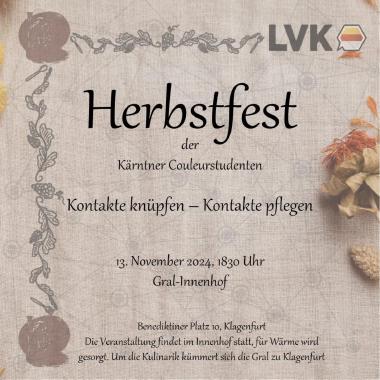 IG Bild: Kontakte knüpfen und Kontakte pflegen! 
Der Landesverband Kärnten lädt recht herzlich zum Herbstfest in den Gral Innenhof ein! 

#klagenfurt #studentenleben #studentenverbindung #freundschaft #mkvbringts 

@babenberg.klagenfurt @koeav_carinthia @gral_klagenfurt @tauriskiavillach @mkvbringts @michaelzussner @daniel_hornbogner @wulfenia.klagenfurt